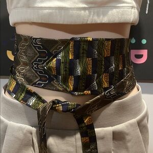 Elegant navy, green and Gold Patterned obi style Women's Belt. Unique.